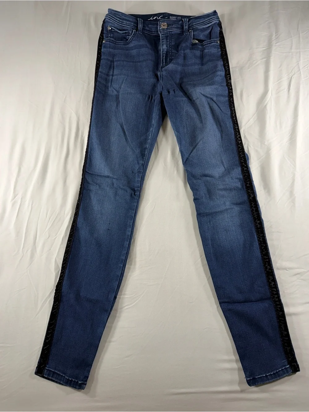 INC International Concepts Dark Blue Skinny Jeans with Black Side Stripe